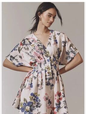 NWT Anthropologie Exquise The Tobie Linen Pleated Mini Shirt Dress floral  SzXXS